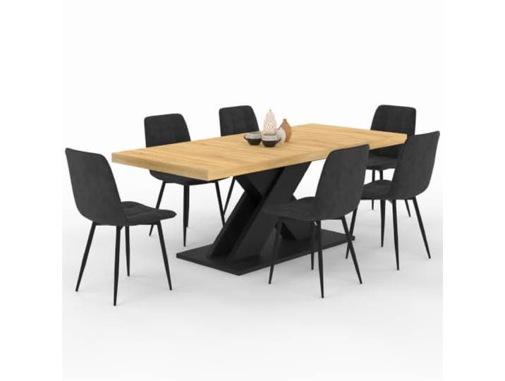 IDMarket - Set ausziehbarer rechteckiger Esstisch Alicia 6-10 Personen aus Holz und Schwarz und 6 Stühle Mila in schwarzem Samt