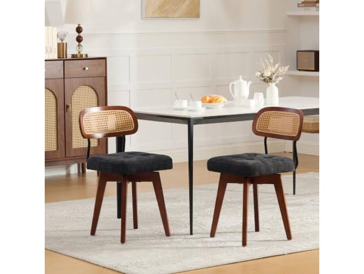 Miawtro Barhocker Set 2 Rattan Rückenlehne Chenille drehbar Schwarz Barhocker Set 2, Chenille Sitzfläche, Rattan Rückenlehne, 360° drehbar, Metallfußstütze, Küche Frühstückstheke Bar