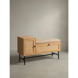 Schuhbank – Eiche-Dekor, 100x60x38 cm, Rattan-Elemente, gepolstert, mit Stauraum