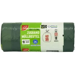 Gut & Günstig 25 Müllsäcke 60 L aus Recyclingmaterial mit Zugband grau, 64x71 cm