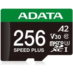 Adata microSD 256GB Speed Plus UHS-I U3 + Adapter (256 GB, microSDXC, U3, UHS-I), Speicherkarte, Grün, Weiss, Schwarz