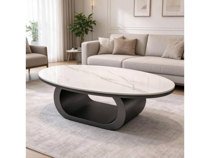 YHTCSXMD Couchtisch Oval, Moderner Wohnzimmertisch mit Steinplatte Design Dicke Steinplatte, ovales Design mit Metallgestell, zweistöckige Ablage für Bücher und Deko, geeignet fürs Wohnzimmer