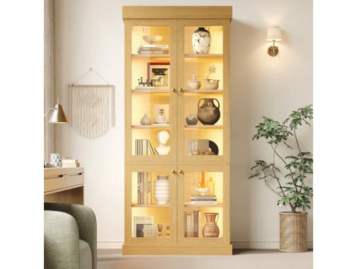 Aunvla Moderner Standhochschrank mit integrierter LED-Stimmungsbeleuchtung, Glasvitrine, durchdachter Innenaufteilung und Kippschutz, stabil, sicher und vielseitig für Zuhause,Naturbraun