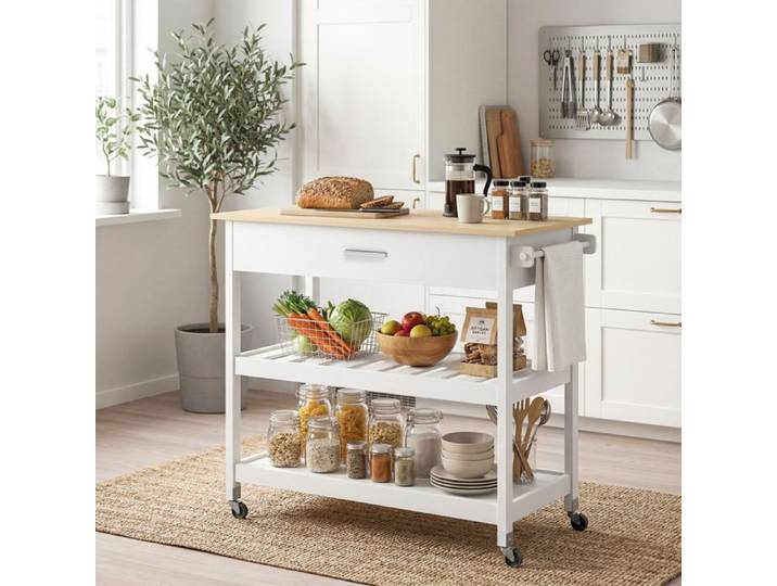 Desserte de cuisine à roulettes îlot central cuisine avec plan de travail tiroir étagères porte-serviettes blanc