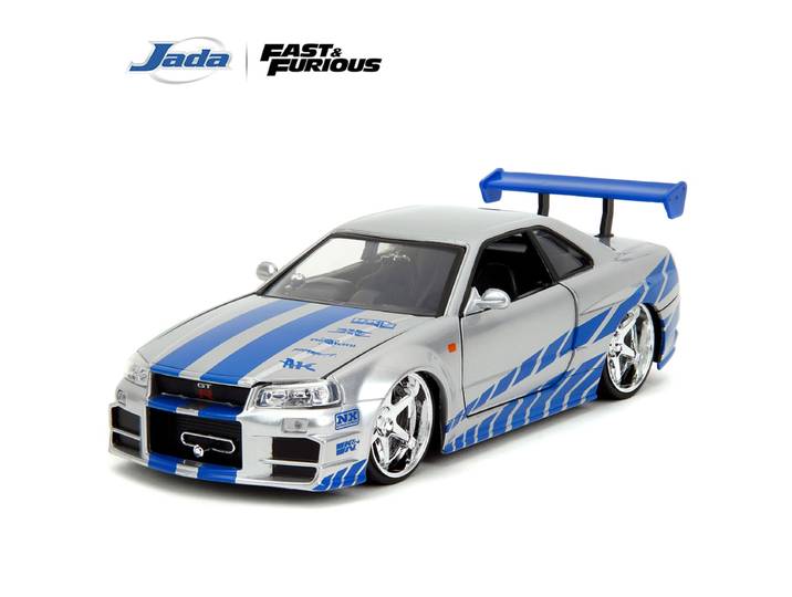 Modèle miniature JADA 1:24 Fast & Furious Nissan Skyline GT-R R34 - Skyline emblématique argenté et bleu avec portes ouvrantes JD97158