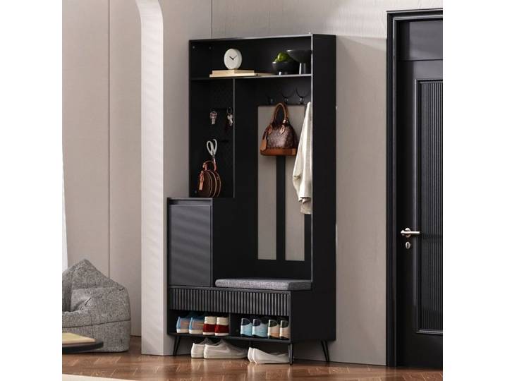 meuble d entree Ensemble garde-robe murale 100x35x180cm noir - Armoire couloir 4 patères 2 tiroirs 1 porte + banc à chauss