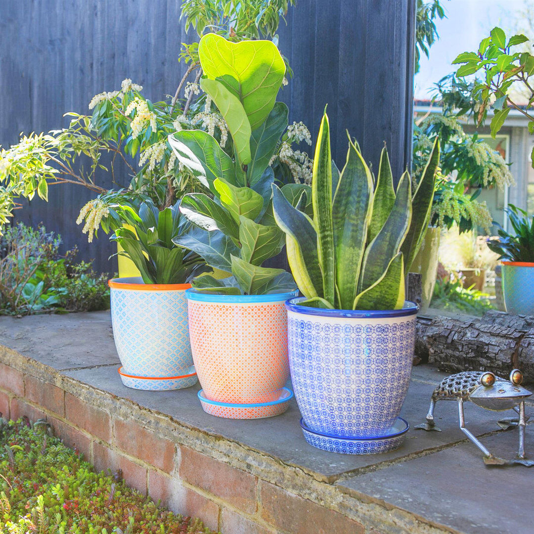 Nicola Spring - Hand-Printed Plant Pots with Saucers - 3 Colours Navy;Orange;Blue 20cm H X 20.5cm W X 20.5cm D