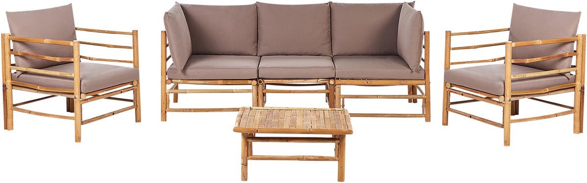 Cerreto 6-delige modulaire loungeset met driezitsbank, 2 fauteuils en salontafel, bamboe natuurlijk en taupe kussens