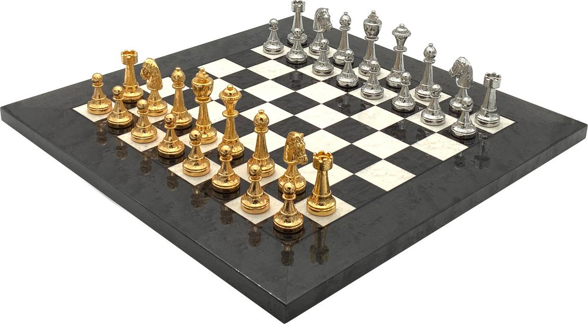 Italienisches Schachset Staunton Gold/Silber + Schachbrett 42