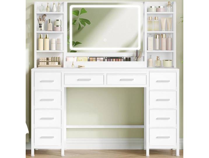 Coiffeuse avec Miroir Coiffeuse avec Éclairage LED Luminosité Réglable 3 Couleurs 10 Tiroirs Rangement Ouverts Blanc