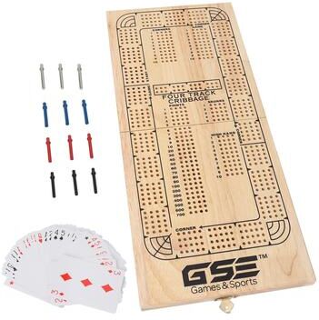 GSE Games & Sports Expert GSE™ 4-Track Wooden Folding Cribbage Board with Playing Card, 12 Metal Pegs and Storage Area