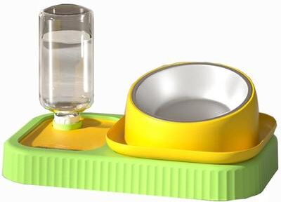 Snug & Styled Elevated Stainless Steel Cat Feeding Station With Auto Water Dispenser & Spill Proof Double Bowl yellow And Green