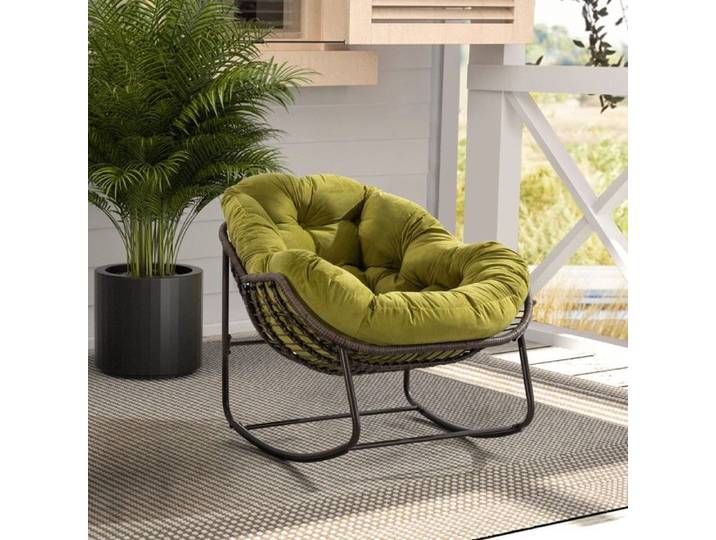 Fauteuil Bascule Rotin Vert Olive 90x106x78cm coussin Rembourré Confortable adapté Véranda Salon Terrasse Et Jardin Extérieur