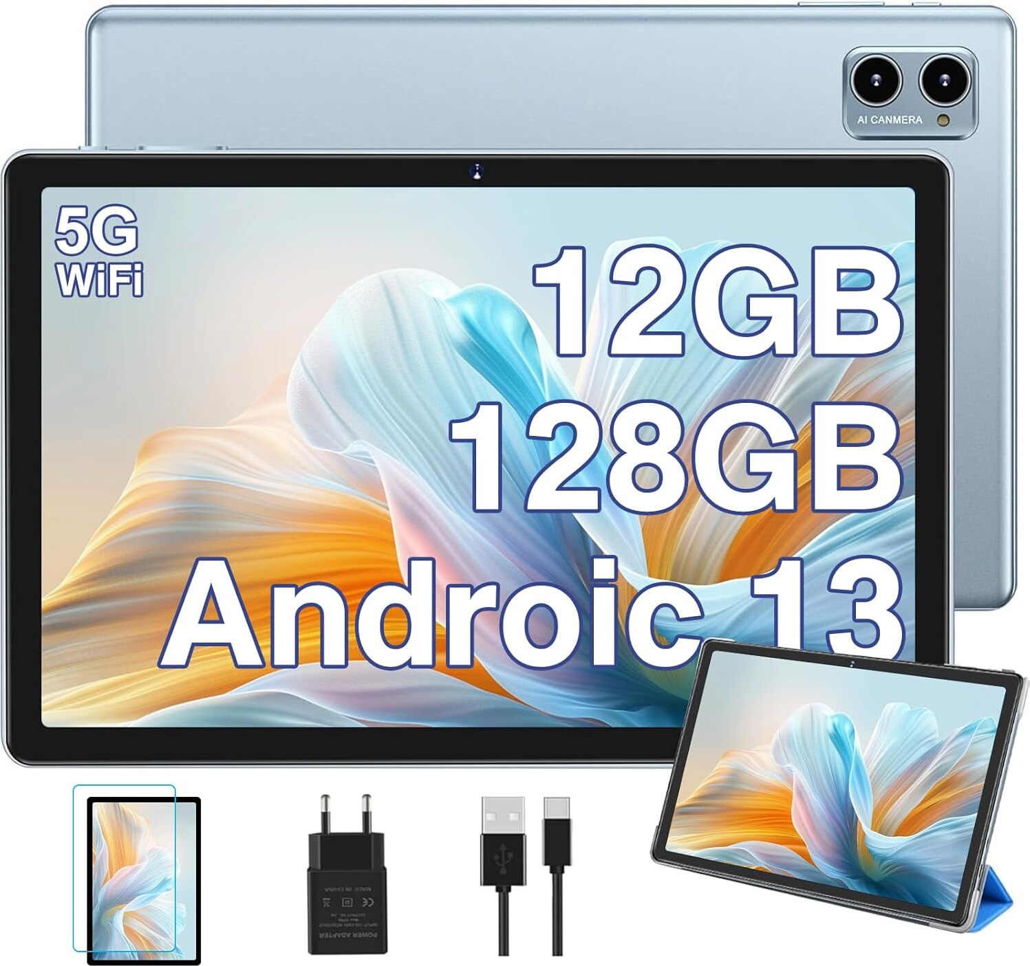 Oangcc 2024 Newest Android 13 Tablet 10 Zoll 12(6+6) GB+128GB (TF 512GB/1TB), 5G+2.4G WiFi, BT 5.0, Octa-Core, 2.0GHz, 6000mAh, 5MP+8MP, Widget, GMS,