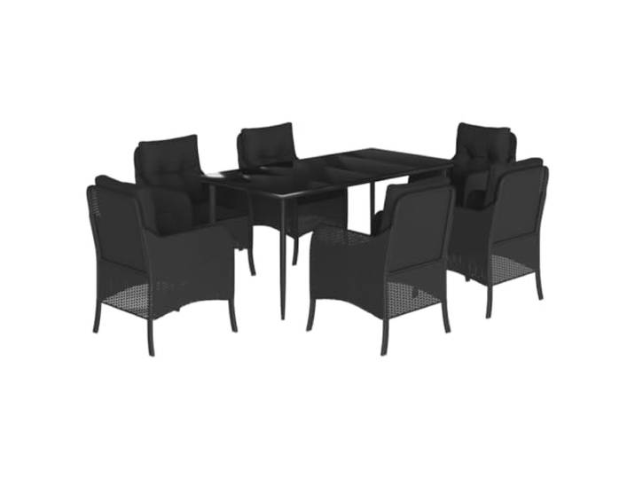 PUGYNBK Garten-Esszimmer-Set, 7-teilig, PE-Rattan, Schwarz, Tisch aus gehärtetem Glas