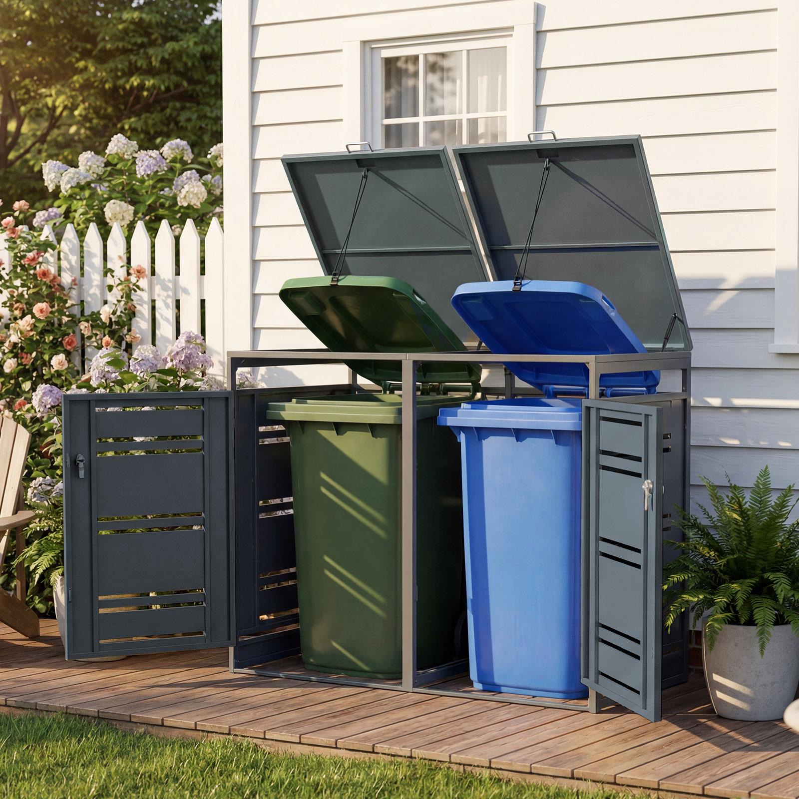 COSTWAY Mülltonnenbox für 2x120 L Mülltonne, wetterfester Gartenschuppen mit abschließbarer Tür, Gasdruckfeder&Stoßdämpfer, Geräteschuppen aus Metall