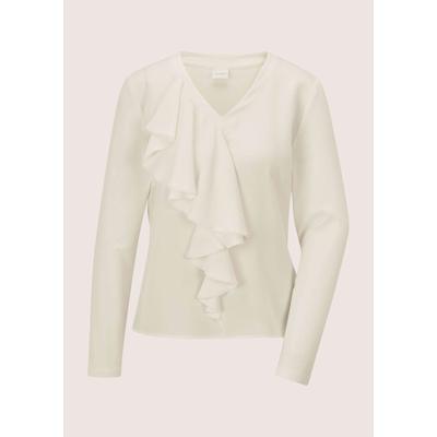 Langarmbluse MADELEINE "Volantbluse Elegante Seidenbluse mit V-Ausschnitt", Damen, Gr. 38, weiß (wollweiß), Obermaterial: 95% Viskose CV. 5% Elasthan EL., Modern, V-Ausschnitt, Blusen