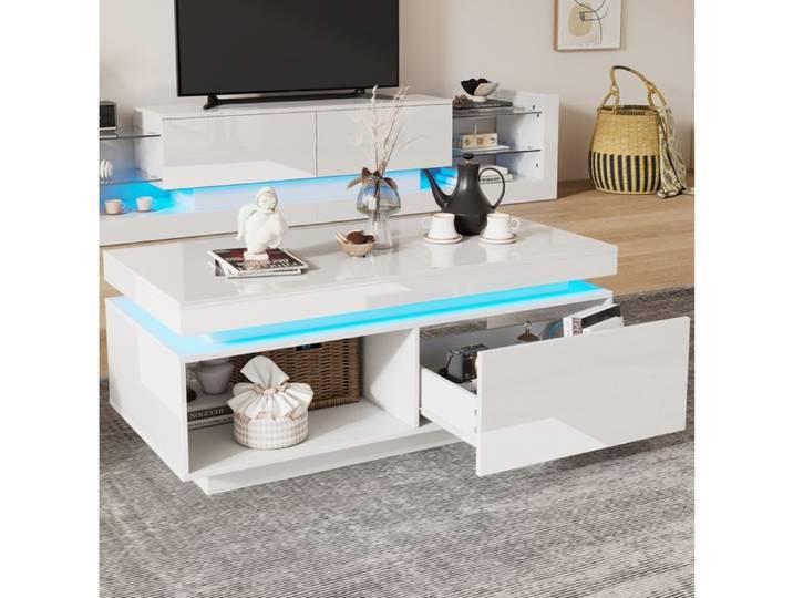 ROVRYN ensemble meuble TV et table basse blanc brillant avec LED en panneaux de particules
