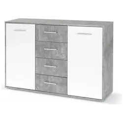 Aucune, Kommode + Sideboard, PILVI 2-türiges 4-Schubladen-Low-Sideboard - Weisser und hellgrauer Beton (122.60 x 34.20 x 88.10 cm)