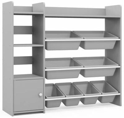 Costway 4-Tier Kids Bookshelf and Toy Storage Rack with 8 Toy Organizer Bins-Grey