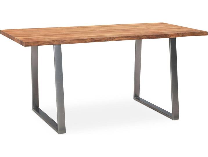 WOHNLING Bureau 120x60x76 cm Bois massif d'acacia / métal Bureau d'ordinateur Bord d'arbre Bureau à domicile Bureau massif avec pieds trapézoïdaux chromés Table en bois