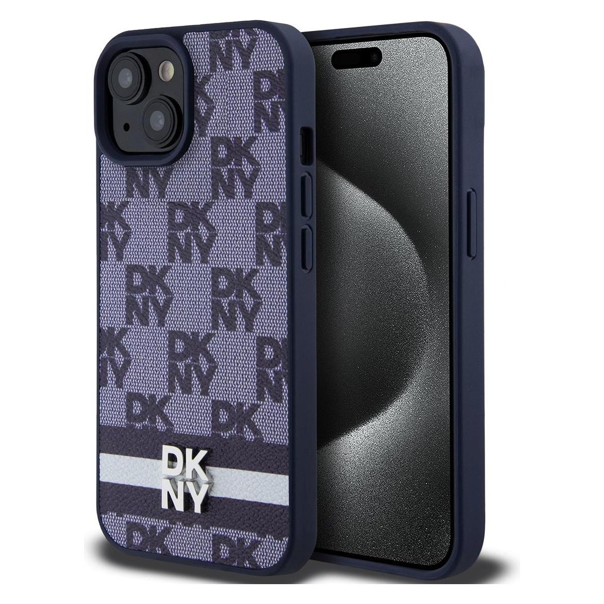 DKNY PU Leather Checkered Pattern and Stripe Case for iPhone 15 Blue (Apple iPhone 15) (DKHCP15SPCPTSSB)