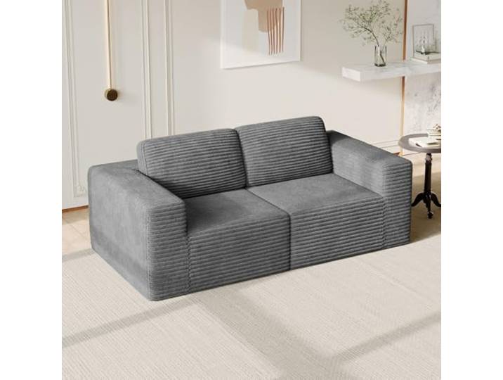 Vesgantti Modulares Cord-Loveseat in Grau, 202 cm mit Federkern & extra tiefer Sitzfläche, kompaktes 2-Sitzer Sofa für kleine Räume und Wohnungen, Flexibles Design, kein Aufbau nötig