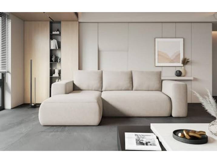 Easy4You Lambi Hellbeige Ecksofa L-Form Links 266 x 89 x 164 cm mit Schlaffunktion und Stauraum - Schlafsofa mit Bettkasten - Moderne Wohnzimmermöbel – Stoff: Castel 03