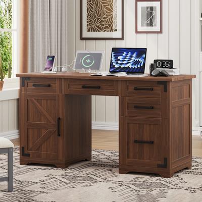 Aura "55"" Farmhouse Executive Desk with Charging Station & Power Outlet"