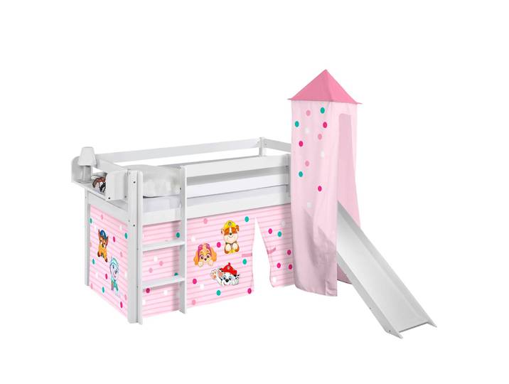 Lit mezzanine Pat’Patrouille I 90 x 190cm Blanc/Rose Avec toboggan et tour