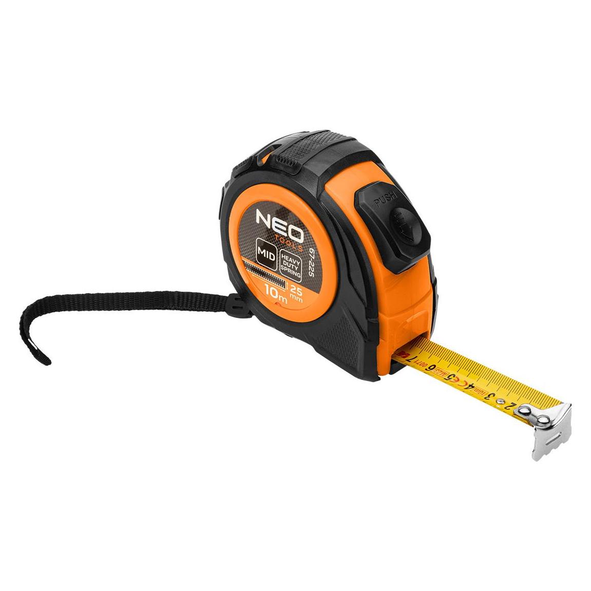 Neo Einziehbares Stahlbandmass 10 m x 25 mm, automatische Verriegelung, zwei Stopptasten (10 m) (67-225)