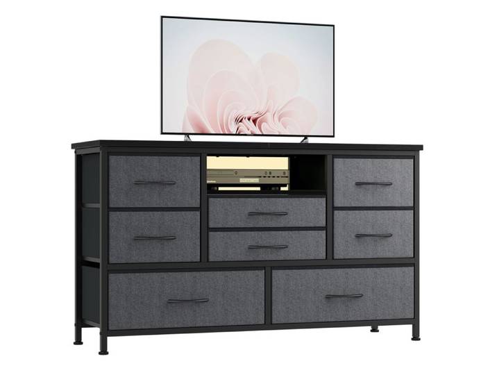 Meuble TV moderne Commode 8 tiroirs tissu 120 cm LED cadre acier TV 55 pouces salon chambre Gris