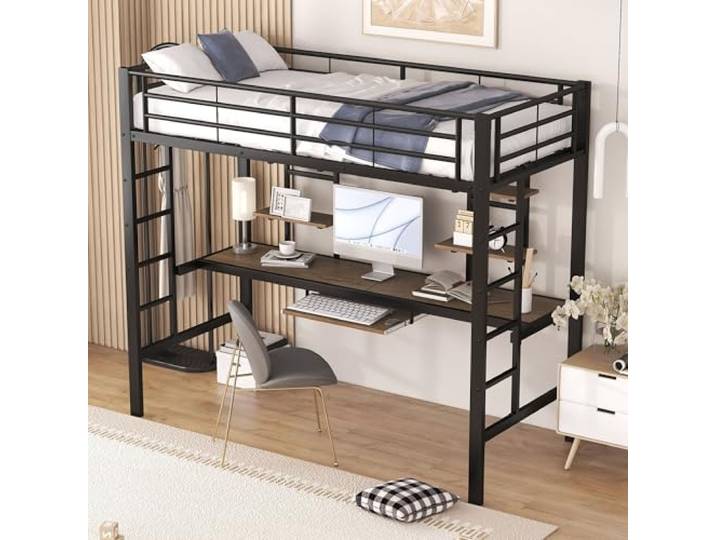 Moimhear Bettgestell Metallbett, Eisenbett, Hochbett mit Schreibtisch und Zwei Bücherregalen für Kinder, Jugendliche und Erwachsene, 90x200cm, schwarz,204 x 95 x 180cm