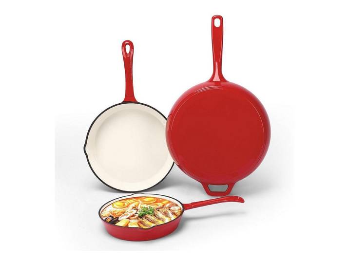 LuxusKollektion Pfannen-Set Emailliertes Gusseisen Bratpfannen-Set 3-tlg. Rot