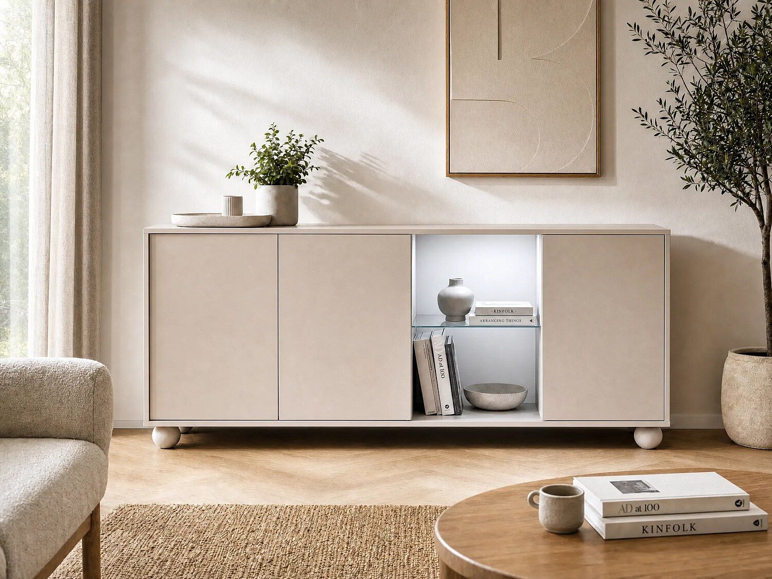 Unique Aparador de 3 puertas y 2 compartimentos con LEDs - Beige - MYVARO