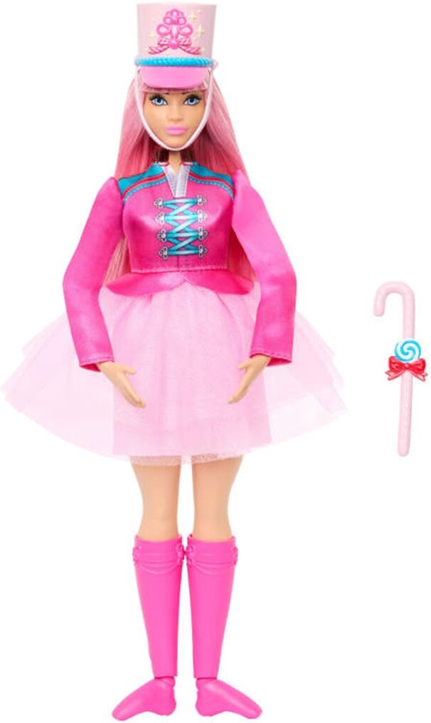 Barbie Cascanueces Daisy bailarina con vestido rosa, sombrero, tobillos articulados y bastón de caramelo.