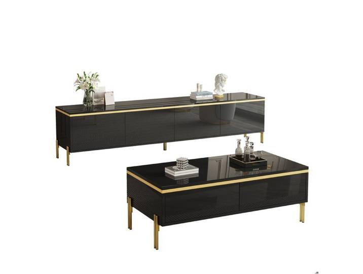 Meuble TV VIVRYN avec table basse rangement finition brillante décor noir et doré 170 x 38 x 50 cm
