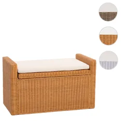 Sitzbank M92 Garderobenbank Bank Sitzhocker, mit Stauraum Kissen Kubu Rattan 88cm ~ honigfarben