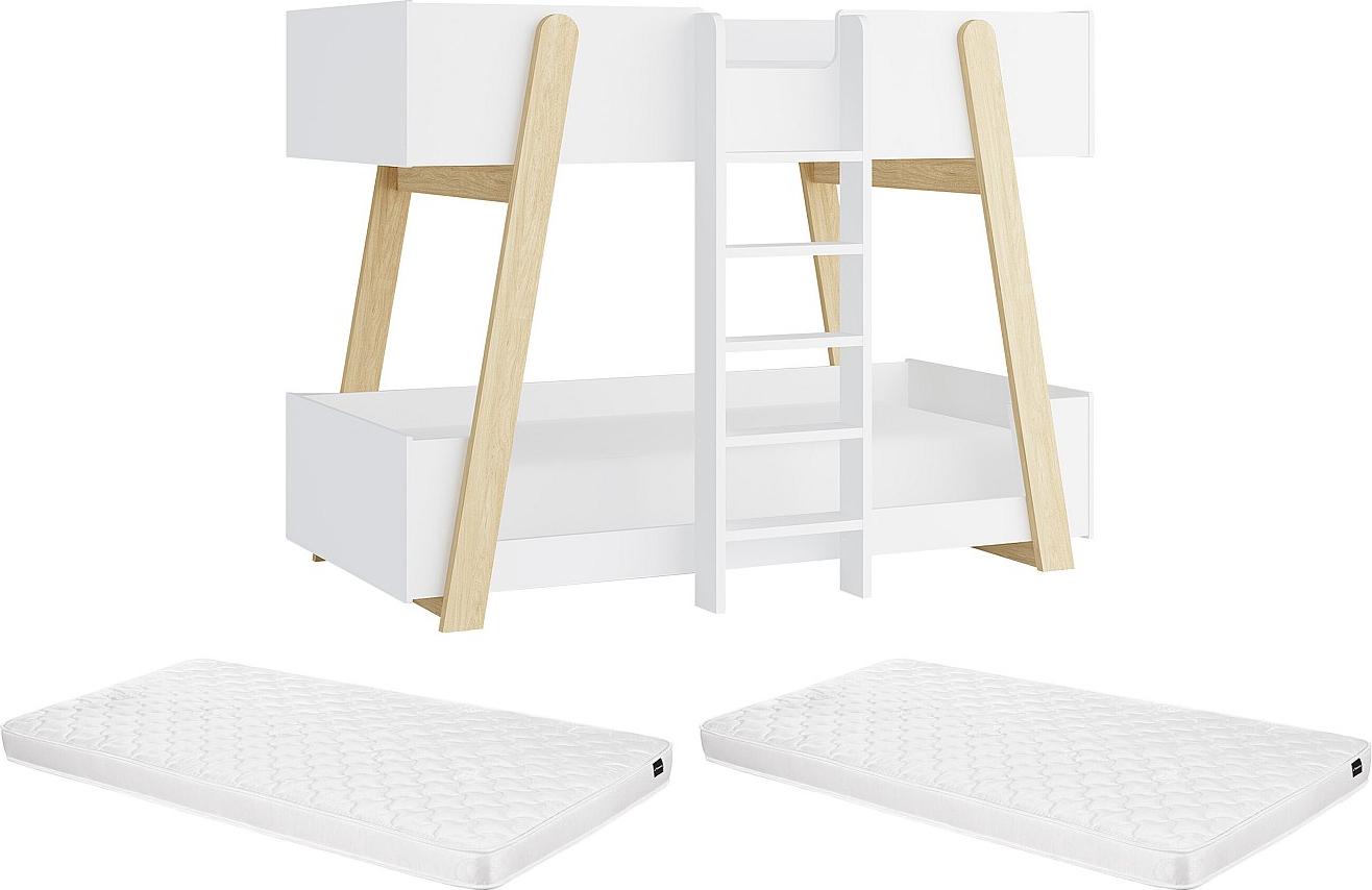 Etagenbett - 90 x 190 cm - Weiß und Natur + Matratze - CORODELA