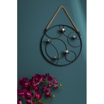 Wandkerzenhalter "Kirill", schwarz, B:37cm H:7cm T:37cm, Glas, Metall, MYFLAIR MÖBEL & ACCESSOIRES, Kerzenhalter, Landhaus, aus Metall mit Kordelaufhängung, schwarz, für 5 Teelichter