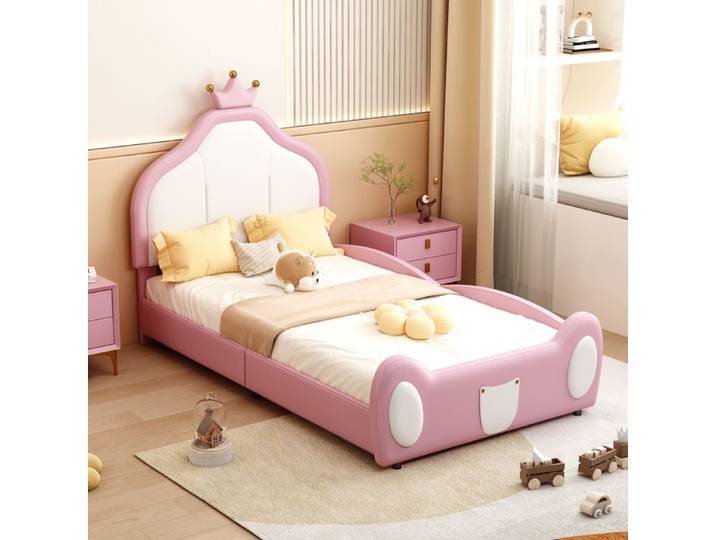 URTR Lit enfant charmant capitonné 90x200 cm tête de lit à couronne design patchwork bicolore similicuir Rose