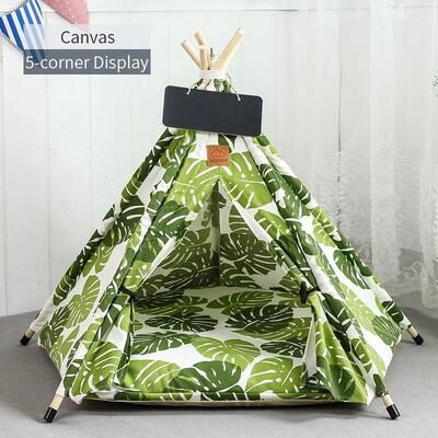Uplift Essentials Pet Teepee Tent With Cushion And Blackboard For Cats And Dogs s turtle Leaves