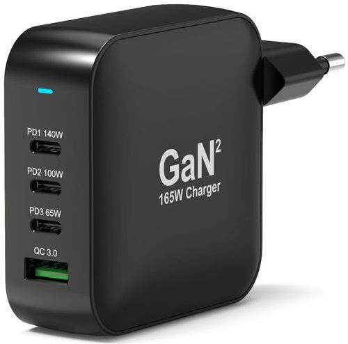 Port Carregador GaN2 USB + 3 x USB-C  - 165 W – Preto 165W GAN