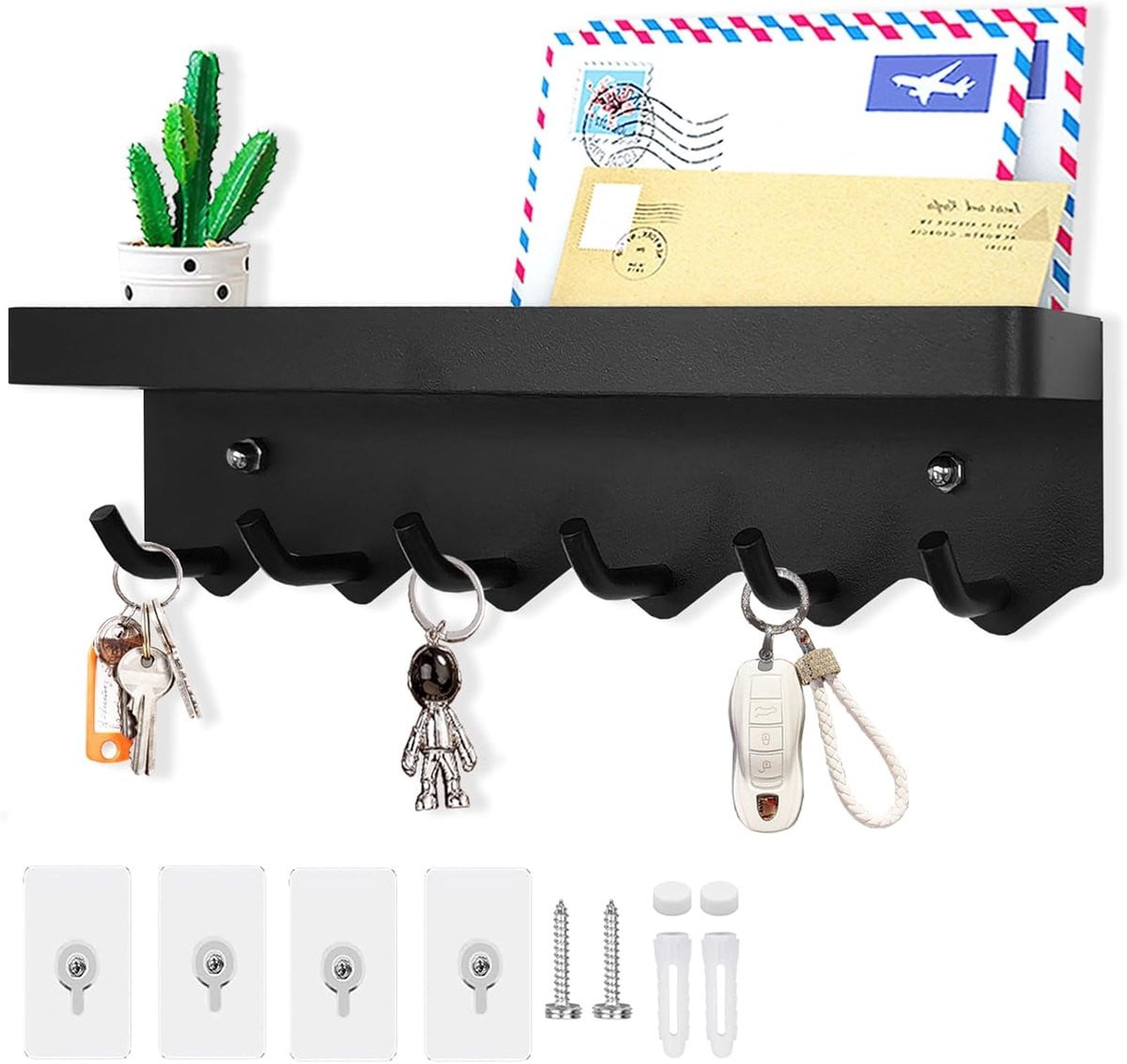 Zwarte Wand Sleutelhouder Plank voor Wandmontage - Breedte: 24,5 cm