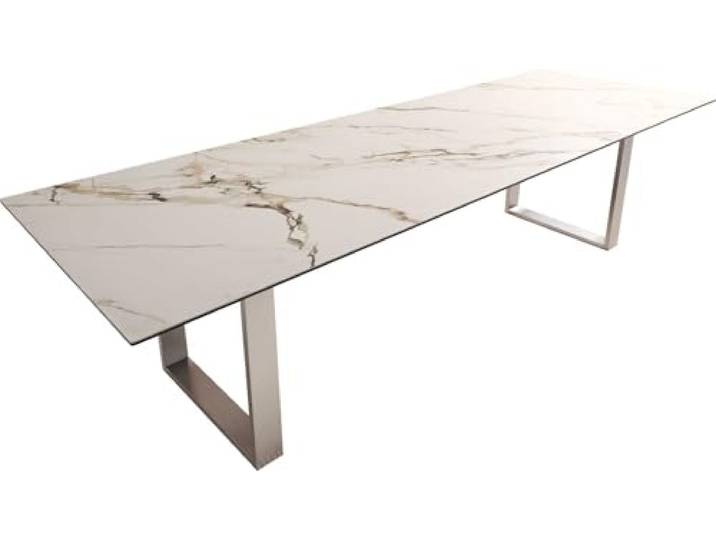 Esszimmertisch Edge Keramik Calacatta Luxe Weiß-Gold-Grau 300x100 Edelstahl