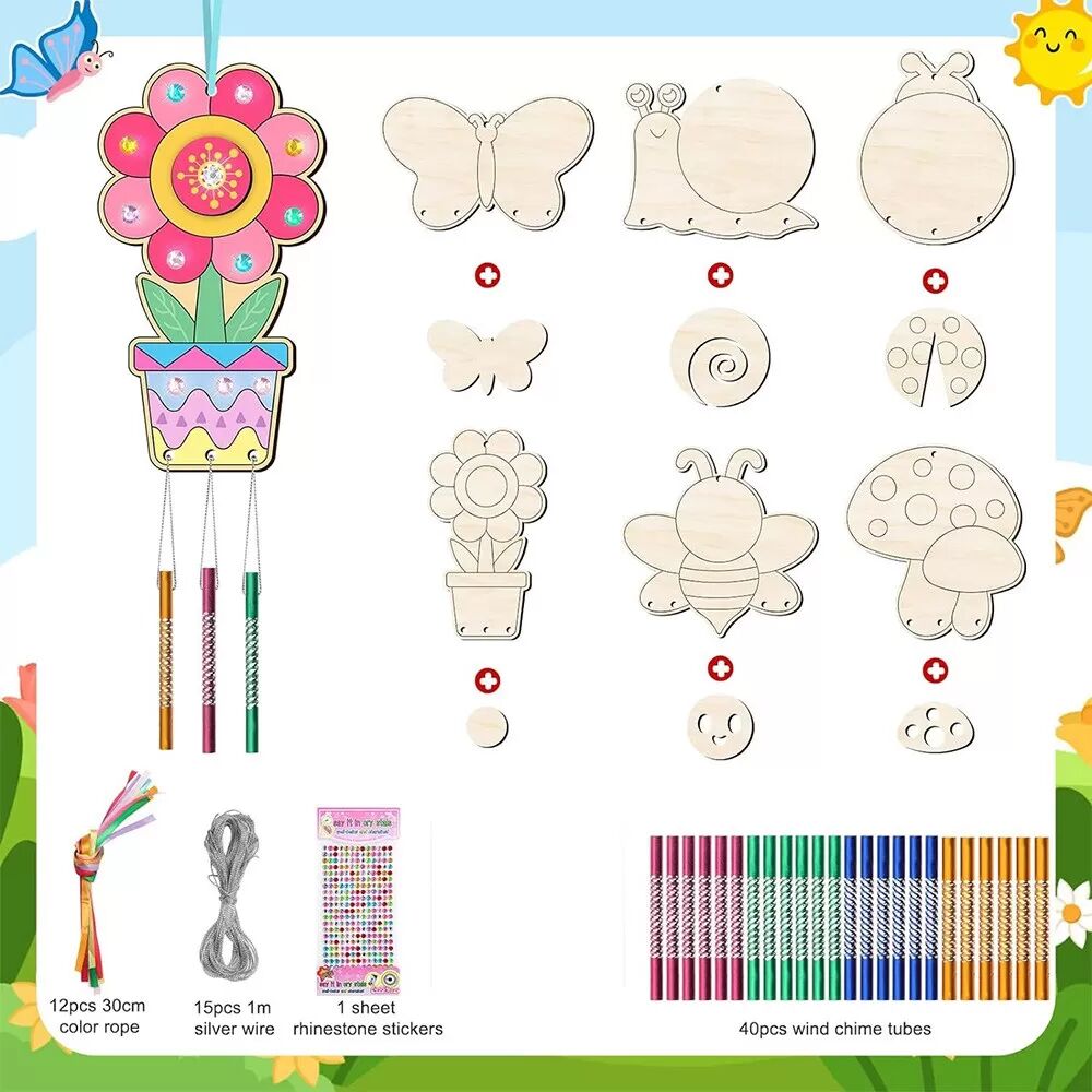 INF DIY Windspiel Set - Blume 12 Stück + Runde Diamanten, Bemalbares Holzhandwerk für Kinder und Erwachsene