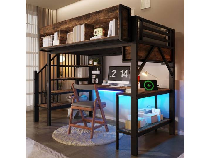 lit 90x200 lit adulte avec bureau d angle rangement bois MDF et fer noir vintage GRJOFEK