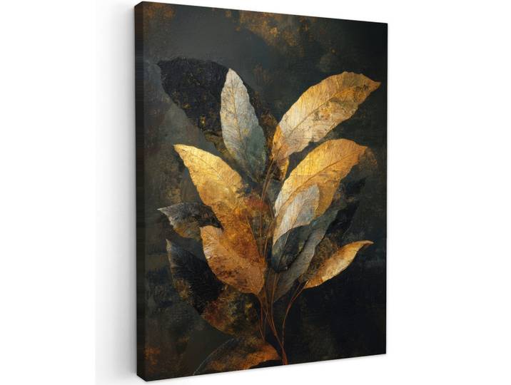 LEINWANDBILD Golden Leaf Komposition - Botanical Luxury Wandbild Wohnzimmer 60x80 cm