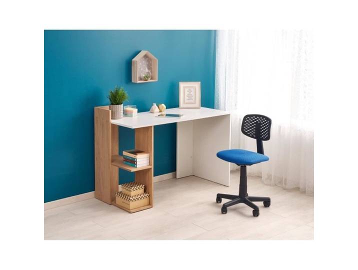 FINO Bureau Meuble Table d'ordinateur avec étagère rangement blanc-chêne doré