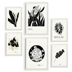 POSTER Set Mit 6 In Schwarzer Tinte Tropische Tinten Kunstdrucke Im Skizzenstil Für Innenarchitektur A3 & A4 Weißer Rahmen